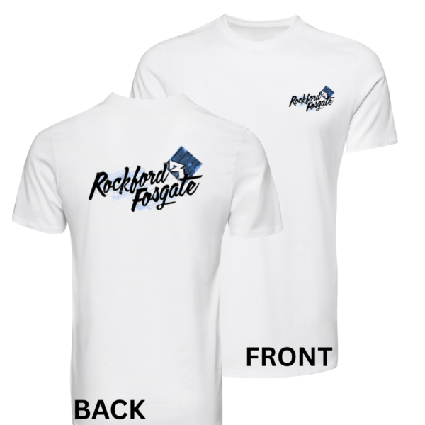 Rockford Fosgate Clothing- Scratch T-shirt – White – Blue and White writing