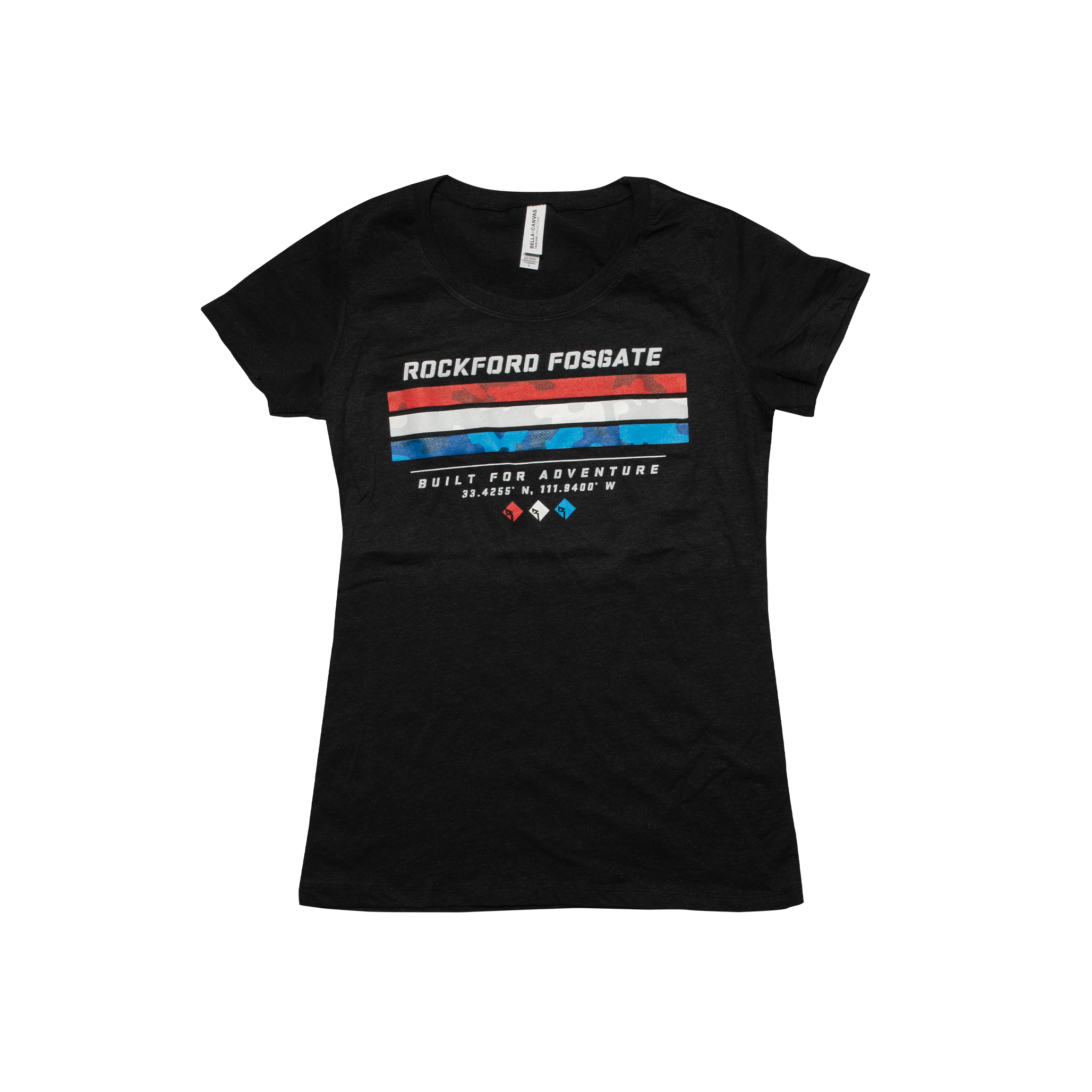 Rockford Fosgate Clothing- Womens Heather Black T-shirt w/Red White Blue RF